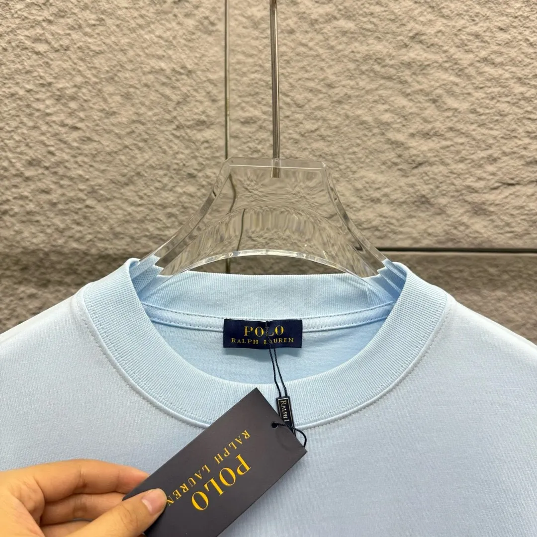 🅿️180 Polo* Ralph Lauren 2025 spring and summer new style Classic pony embroidery Customized double yarn plain cotton fabric Short-sleeved T-shirt Uniform for men and women Color: black white light pink light blue Size: S (90-130 pounds) M (120-150 pounds) L (140-165 pounds) XL (160-180 pounds) XXL (180-210 pounds)